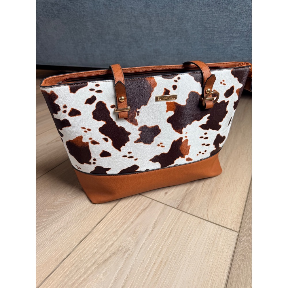 Elim & Paul Cow Print Tote Bag Brown Cognac Western Shoulder Bag Gold Hardware